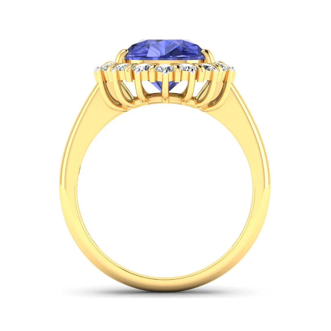 3.45 Ct Pear Violet Tanzanite and White Diamond Prong 14k Gold Halo Bridge Ring
