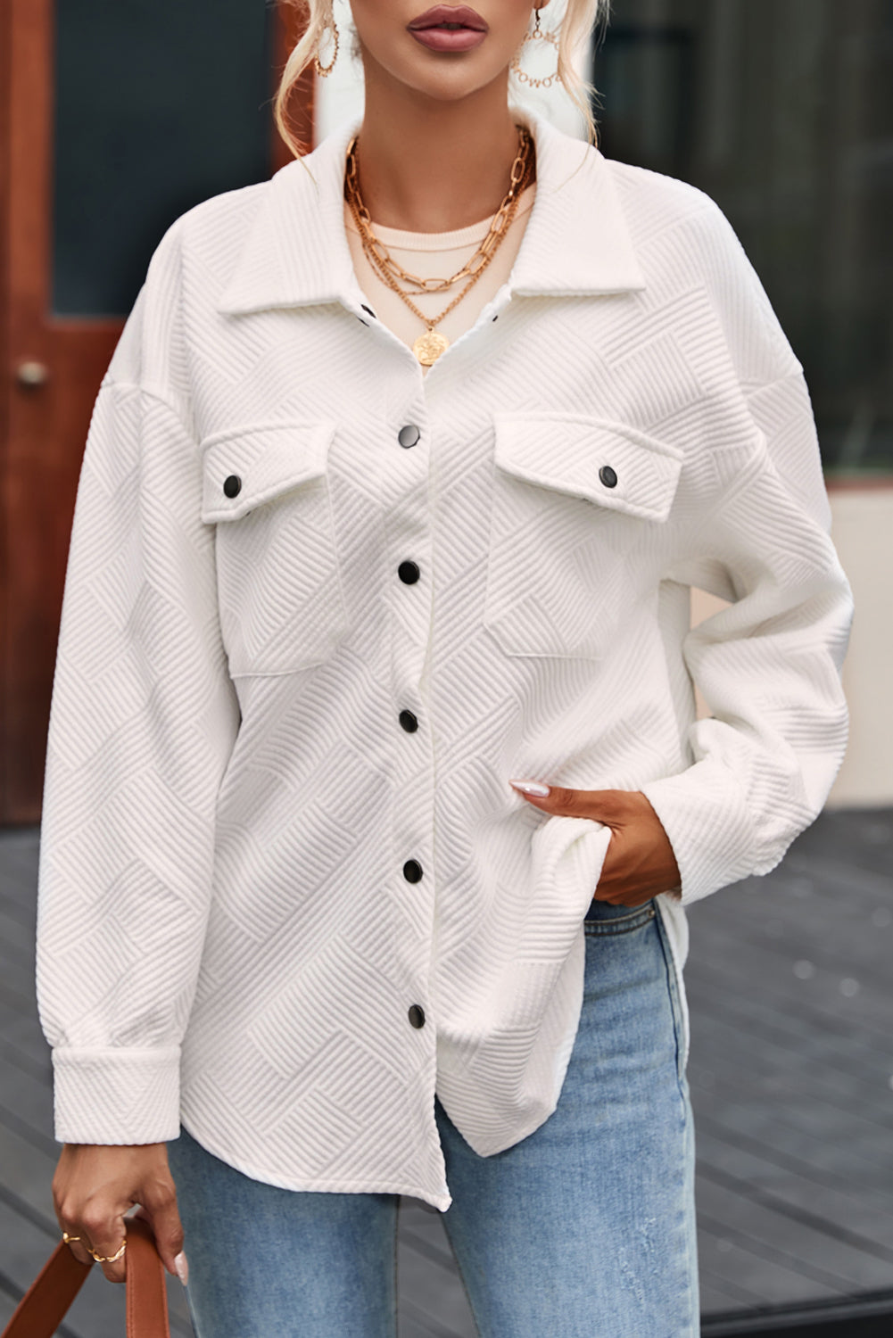 Threaded Pear Rosalie Textured Flap Pocket Buttoned Shacket