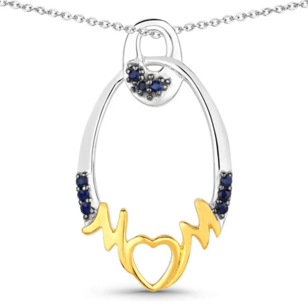 Round Blue Sapphire Prong Silver Mom Pendant Necklace