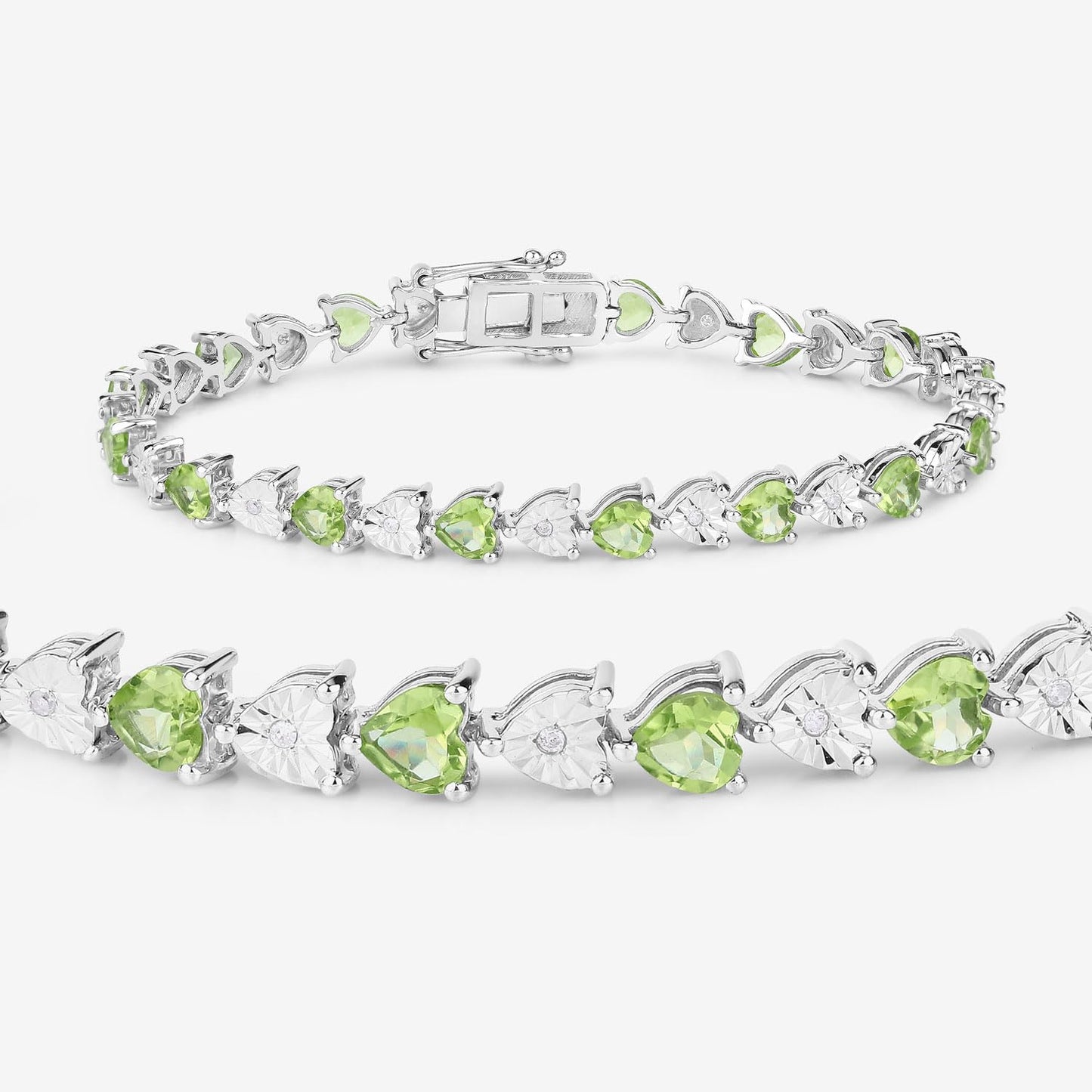 Heart Green Peridot & Diamond Prong Silver Tennis Bracelet