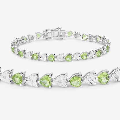 Heart Green Peridot & Diamond Prong Silver Tennis Bracelet