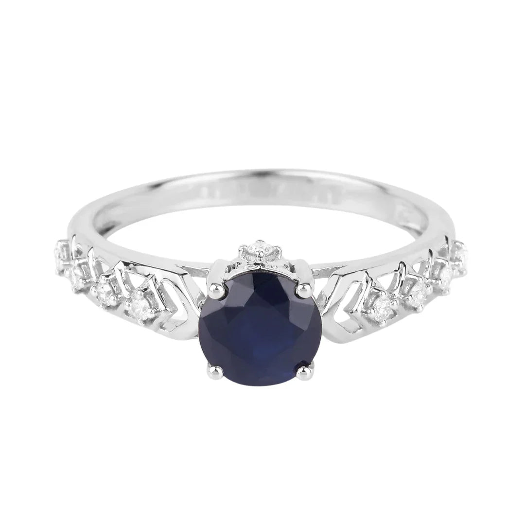 1.03 Ct Round Blue Sapphire & Diamond Prong 10k Gold Bridge Engagement Ring