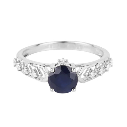 1.03 Ct Round Blue Sapphire & Diamond Prong 10k Gold Bridge Engagement Ring