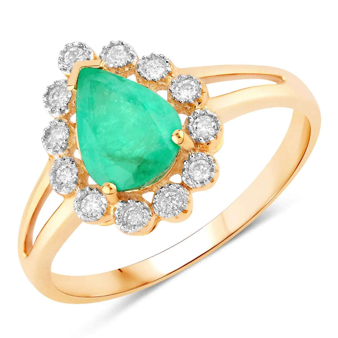 1.10 Ct Pear Green Zambian Emerald Diamond V-Prong 10k Gold Halo Statement Ring