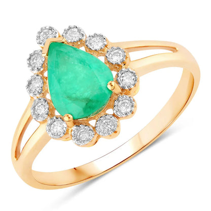1.10 Ct Pear Green Zambian Emerald Diamond V-Prong 10k Gold Halo Statement Ring