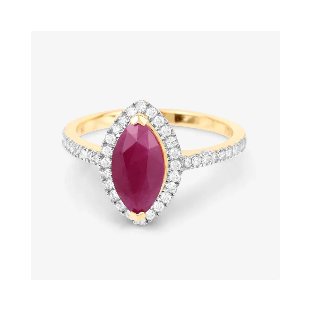 1.45 Ct Marquise Pink Ruby Diamond Prong 10K Gold Halo Pave Band Ring