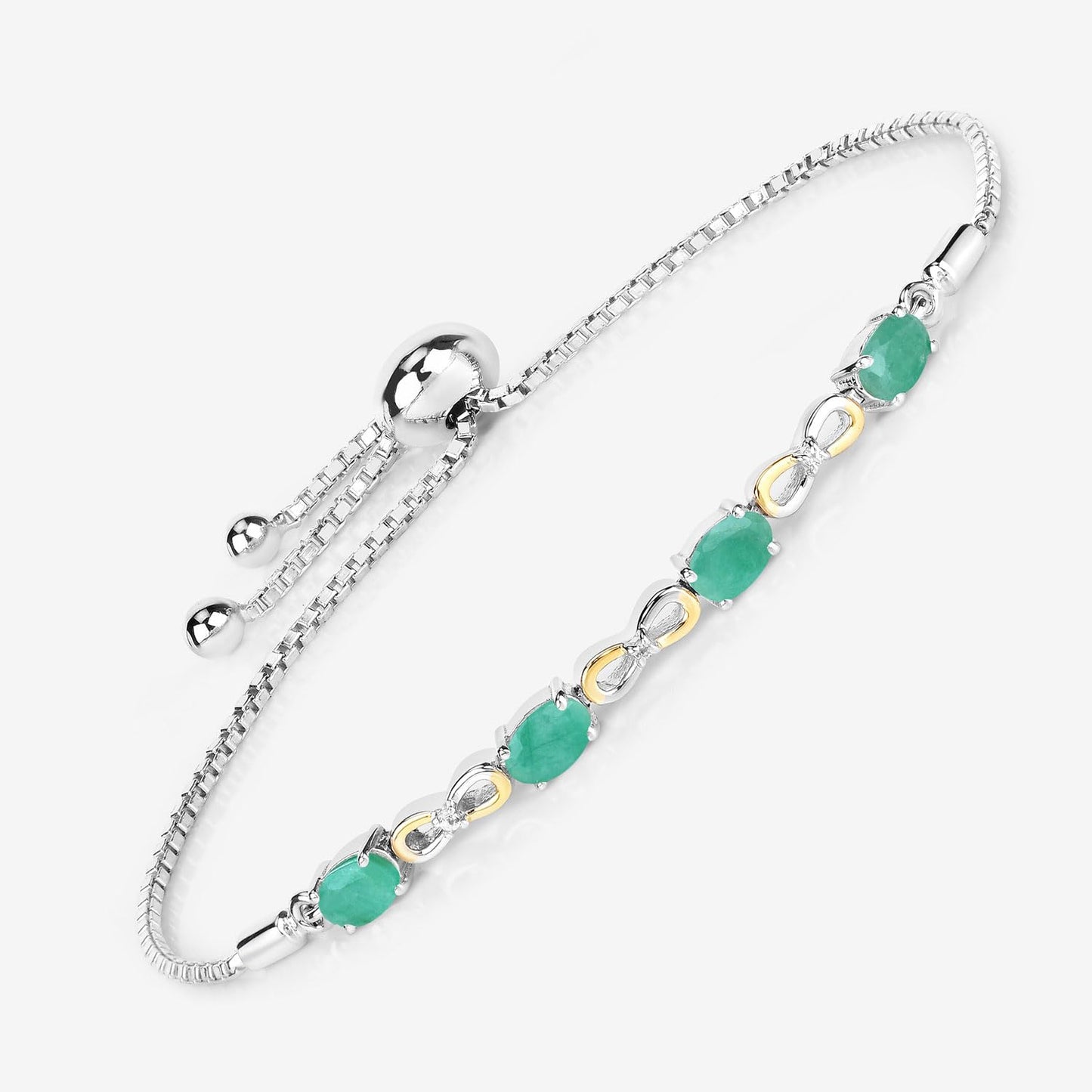 Oval Green Emerald Prong Silver Infinity Bolo Adjustable Bracelet