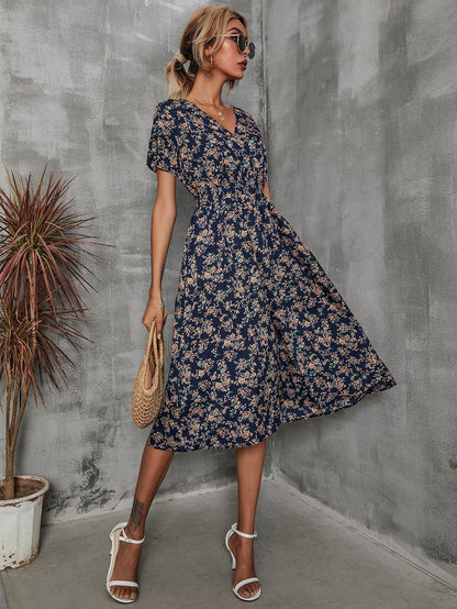 Women's V-Neck Floral Print Dress - A-Line Waisted Summer Maxi Dress