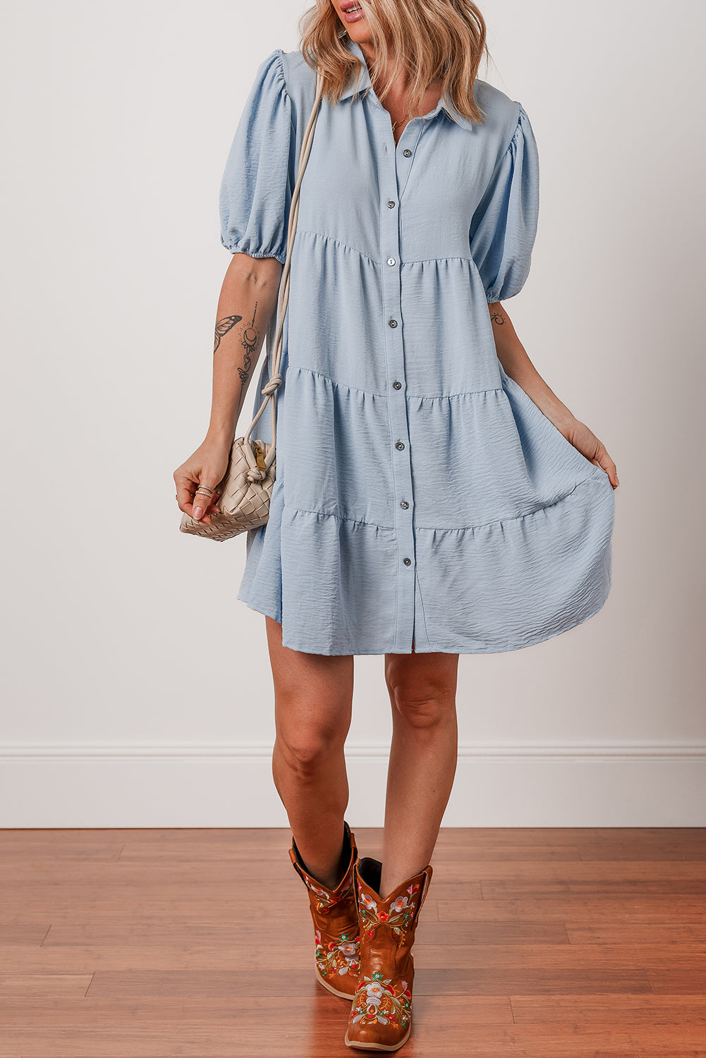 Threaded Pear Arya Shirt Collar Button Up Puff Sleeve Tiered Dress