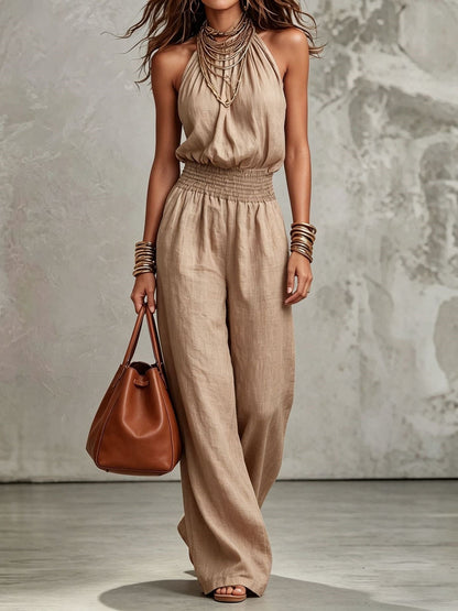 Women's Sleeveless Backless Lace-Up Halter Wide-Leg Jumpsuit