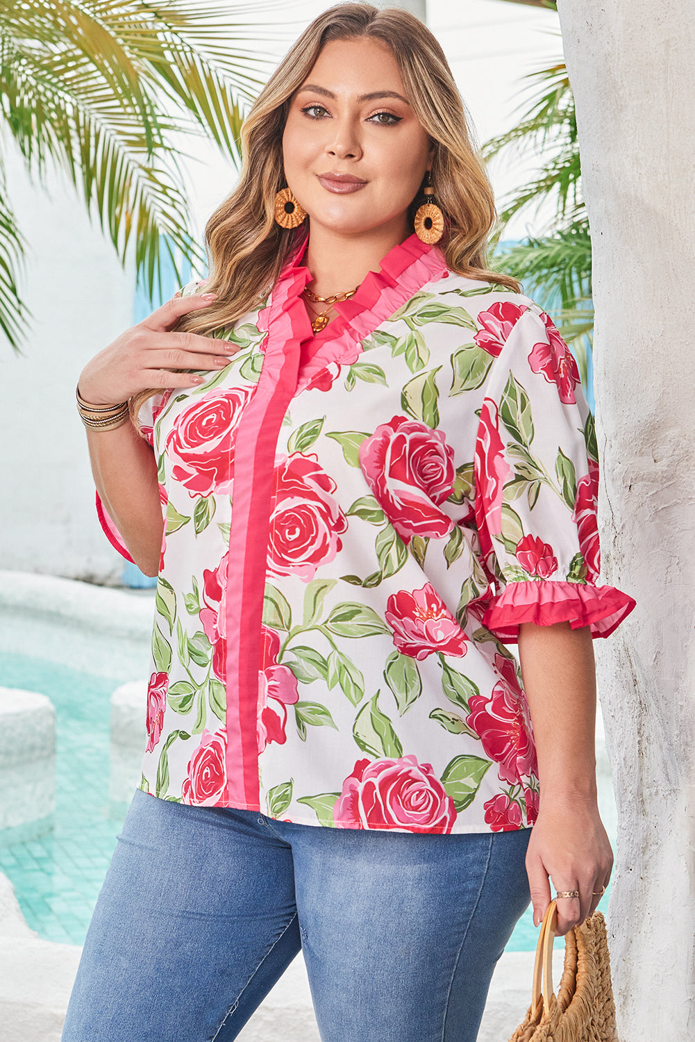 Threaded Pear Elise Plus Size Floral Frilled Stripes Blouse