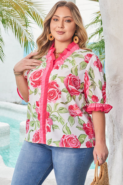 Threaded Pear Elise Plus Size Floral Frilled Stripes Blouse