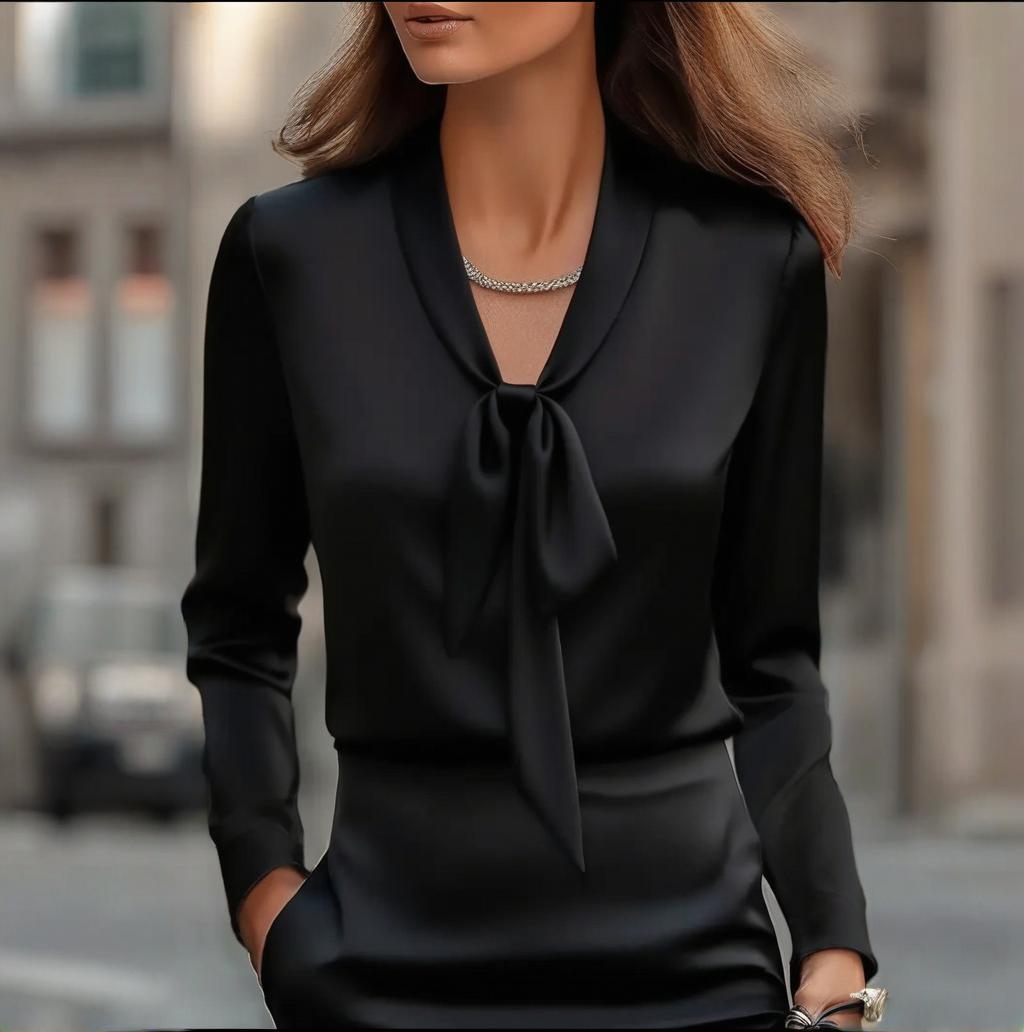 Elegant Satin Ribbon Blouse — Long Sleeve Button-Down Work Shirt