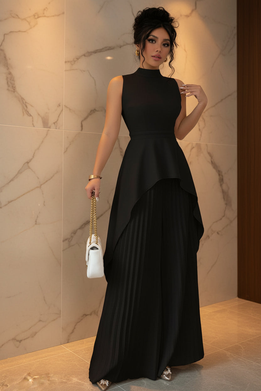 Women's Mock Neck Asymmetric Hi-Lo Peplum Top & Accordion Pleated Wide-Leg Palazzo Pants Set