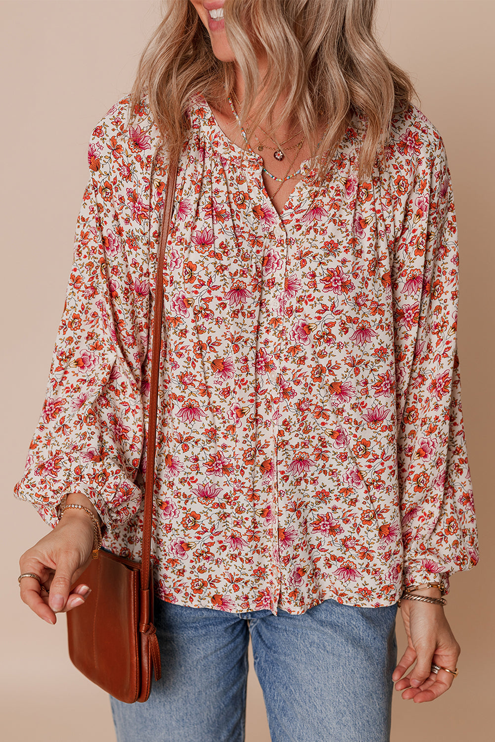 Threaded Pear Carter Notched Puff Sleeve Blouse
