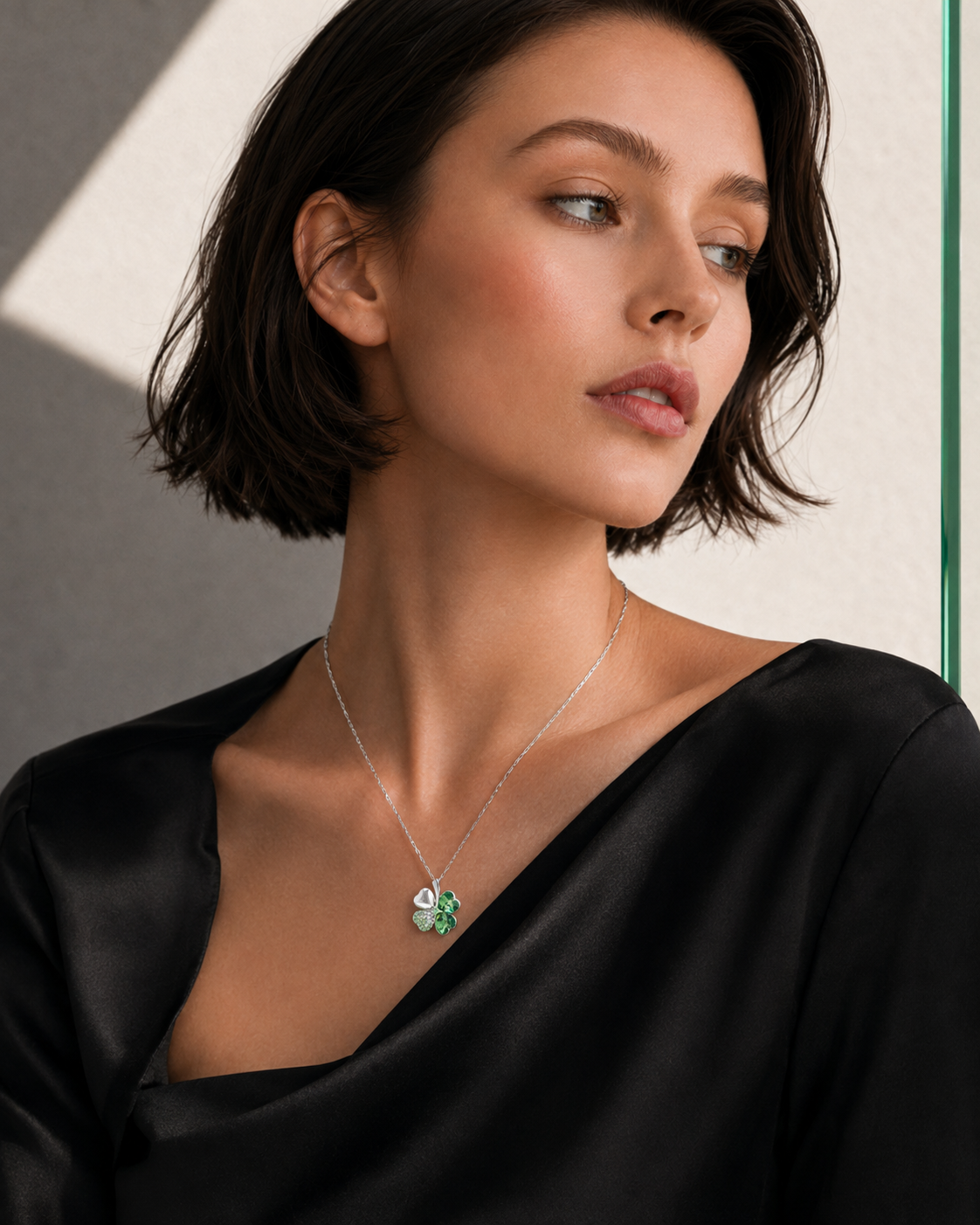 Peridot Swarovski Crystal Necklace – Crystal Pave Four Leaf Clover Pendant Necklace