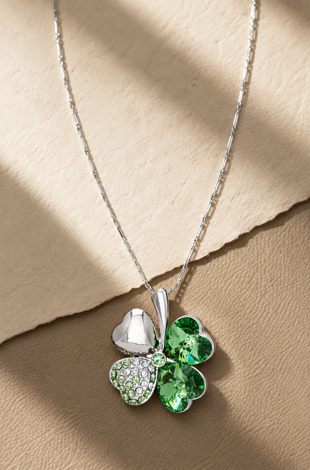 Peridot Swarovski Crystal Necklace – Crystal Pave Four Leaf Clover Pendant Necklace