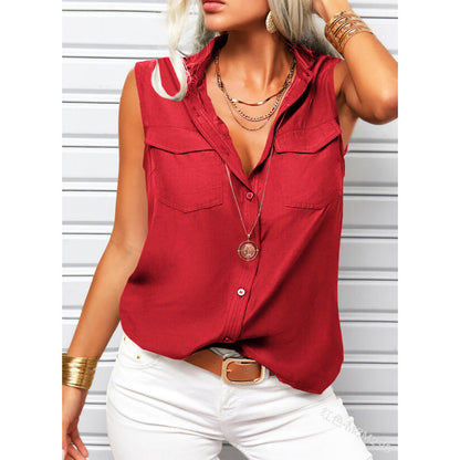Women's Lapel Collar Sleeveless Top – Loose Fit, Pockets, Solid Color