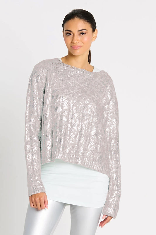 Pima Cotton Mini Foil Cable Crewneck Sweater - Putty/Silver