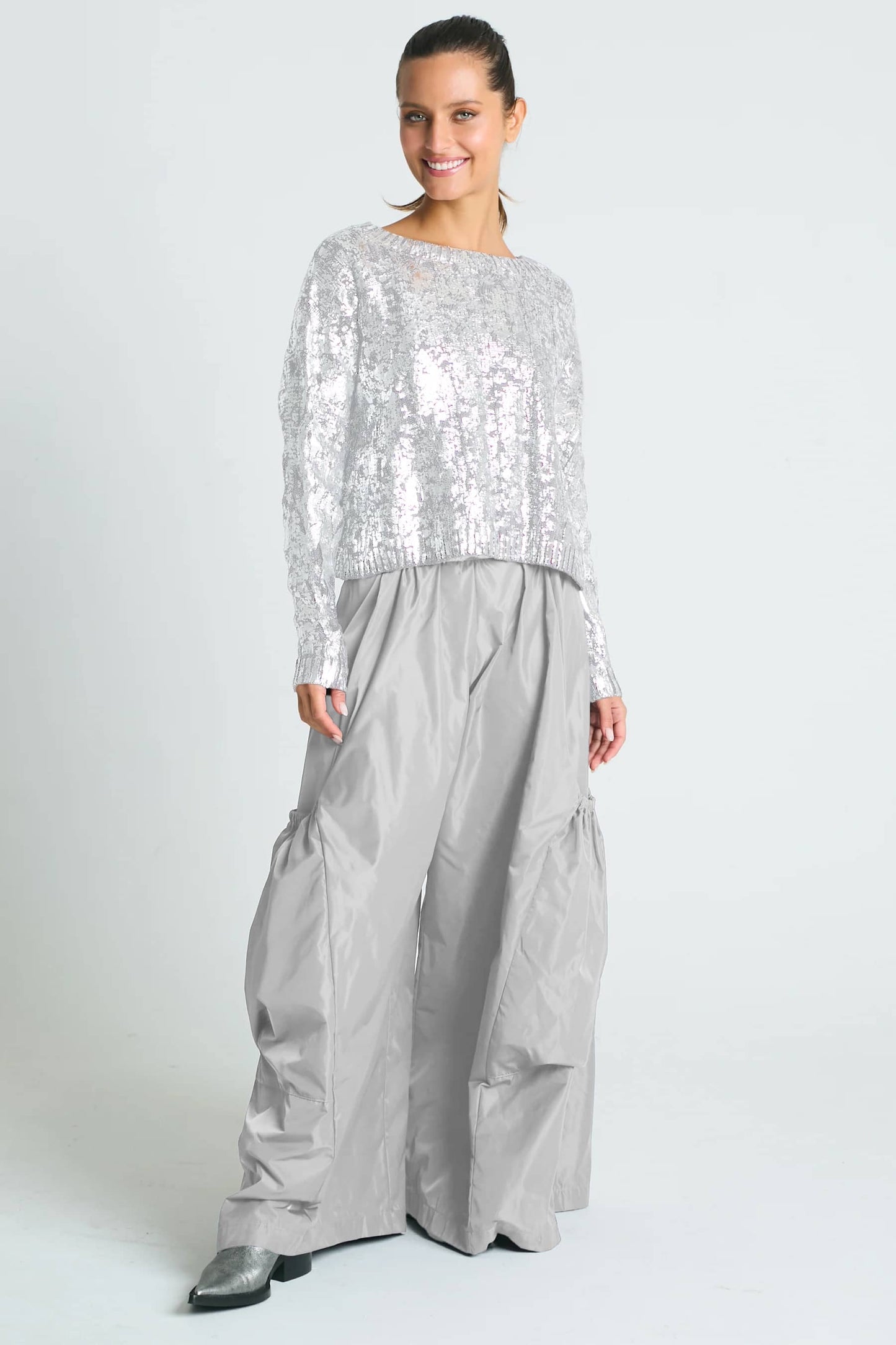 Pima Cotton Mini Foil Cable Crewneck Sweater - White/Silver