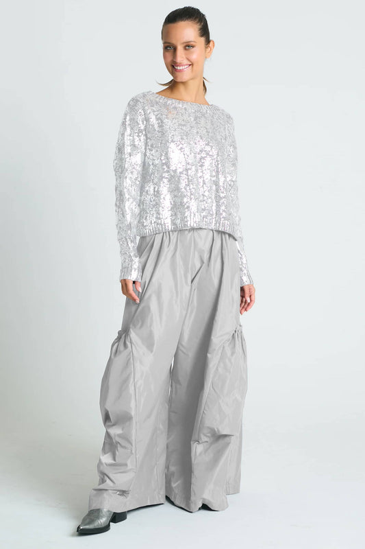 Pima Cotton Mini Foil Cable Crewneck Sweater - White/Silver