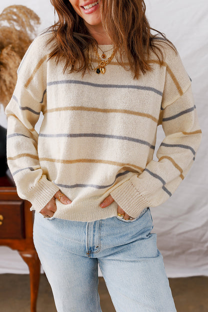 Threaded Pear Eden Striped Ribbed Edge Drop Shoulder Sweater
