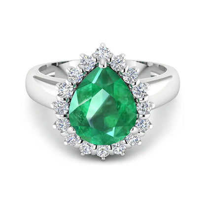 3.33 Ct Pear Green Zambian Emerald and White Diamond Prong 14k Gold Halo Statement Ring