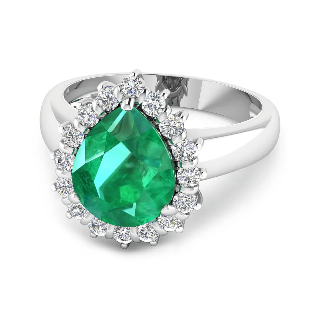 3.33 Ct Pear Green Zambian Emerald and White Diamond Prong 14k Gold Halo Statement Ring