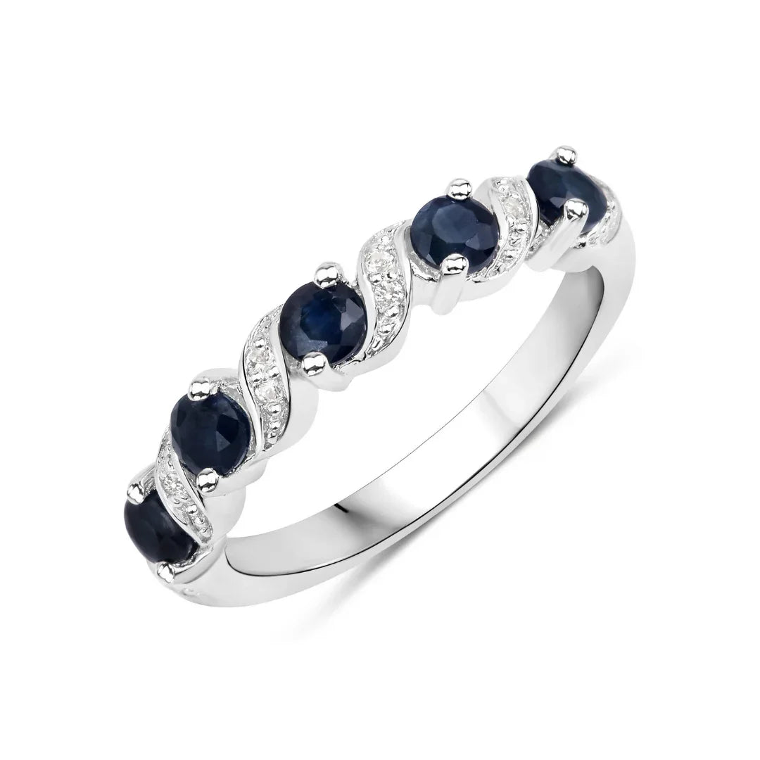0.64 Ct Round Blue Sapphire and White Topaz Prong Silver Five Stone Ring