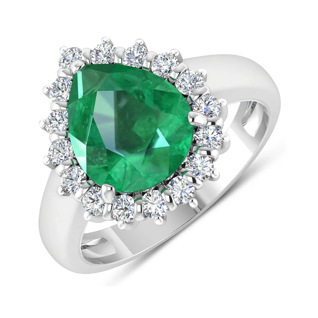 3.33 Ct Pear Green Zambian Emerald and White Diamond Prong 14k Gold Halo Statement Ring