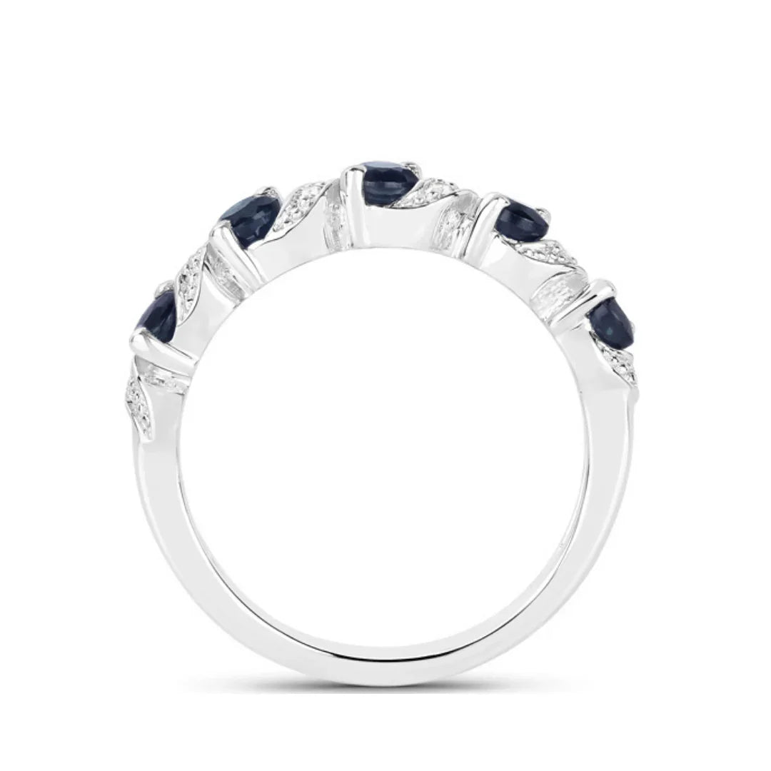 0.64 Ct Round Blue Sapphire and White Topaz Prong Silver Five Stone Ring