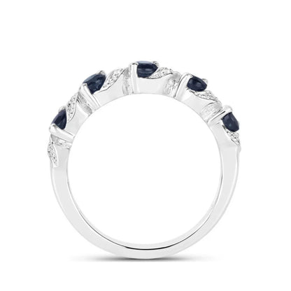 0.64 Ct Round Blue Sapphire and White Topaz Prong Silver Five Stone Ring