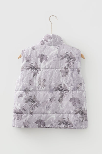 Tessa Camo Leaf Print Winter Puffer Vest - Gray