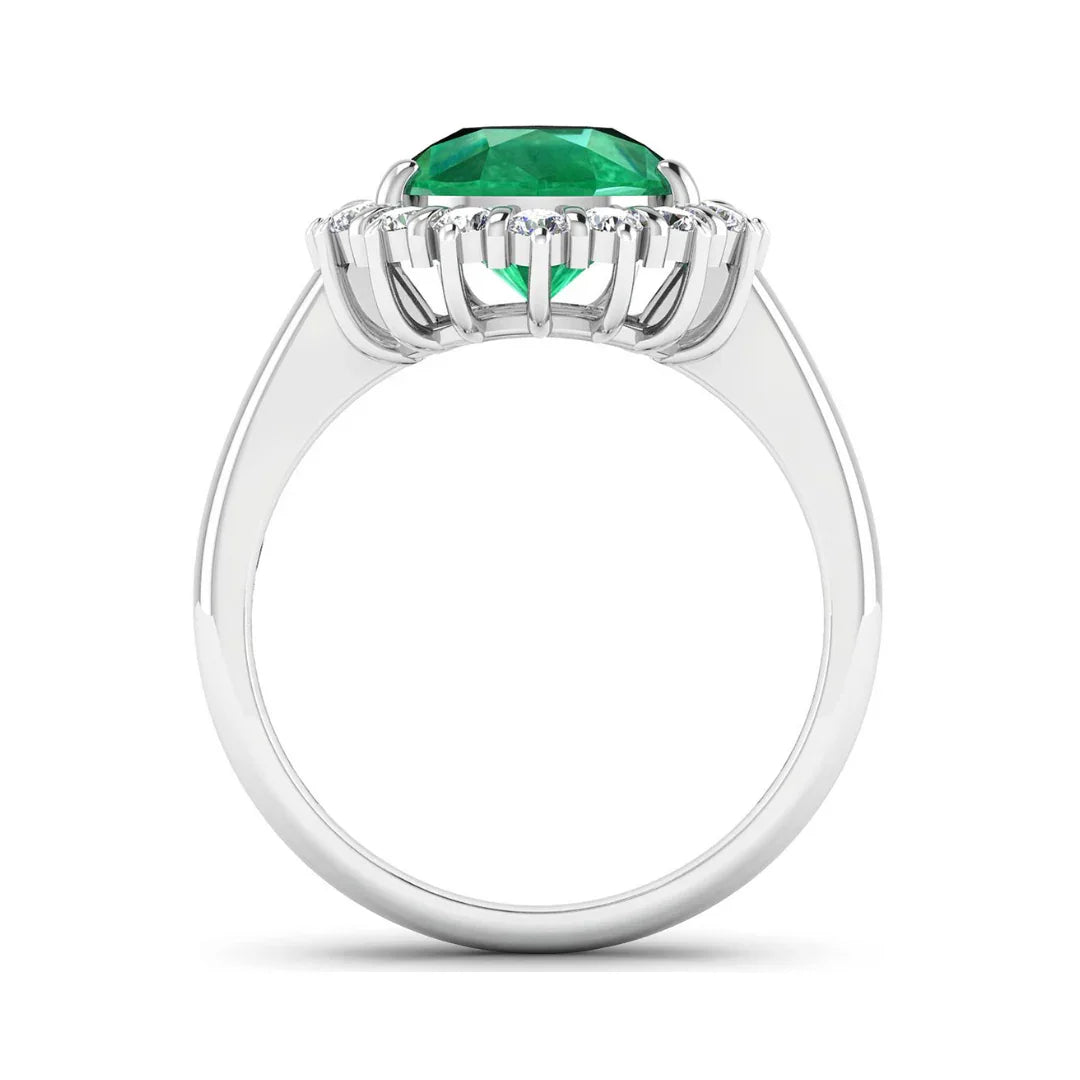 3.33 Ct Pear Green Zambian Emerald and White Diamond Prong 14k Gold Halo Statement Ring