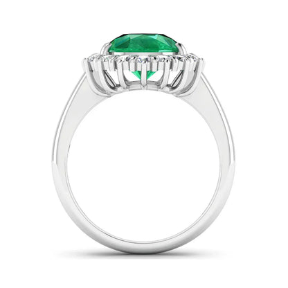 3.33 Ct Pear Green Zambian Emerald and White Diamond Prong 14k Gold Halo Statement Ring