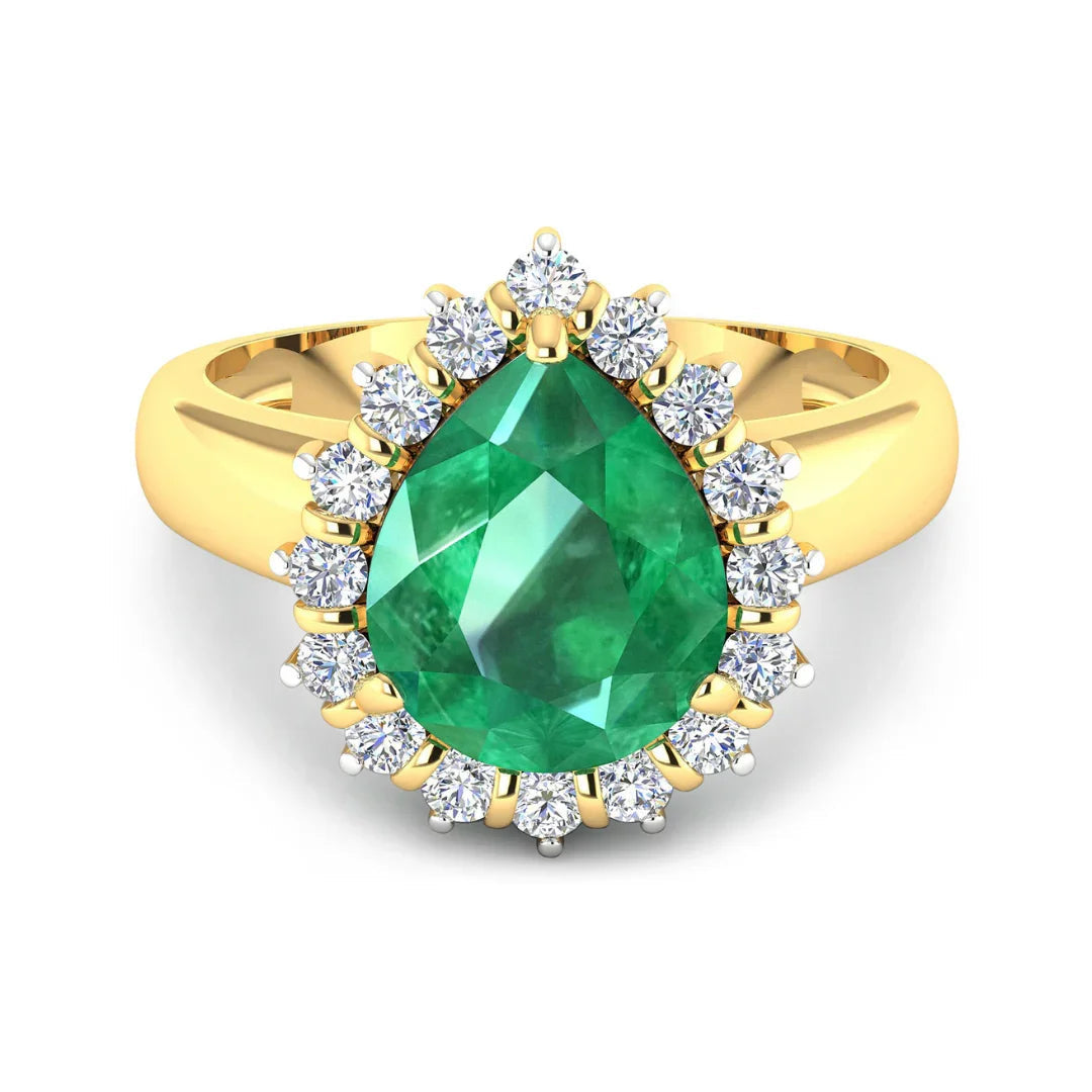 3.33 Ct Pear Green Zambian Emerald and White Diamond Prong 14k Gold Halo Statement Ring