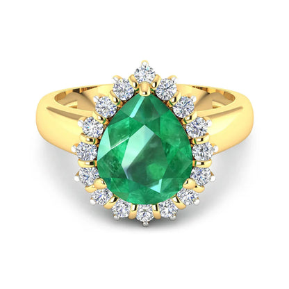 3.33 Ct Pear Green Zambian Emerald and White Diamond Prong 14k Gold Halo Statement Ring