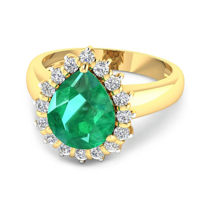 3.33 Ct Pear Green Zambian Emerald and White Diamond Prong 14k Gold Halo Statement Ring