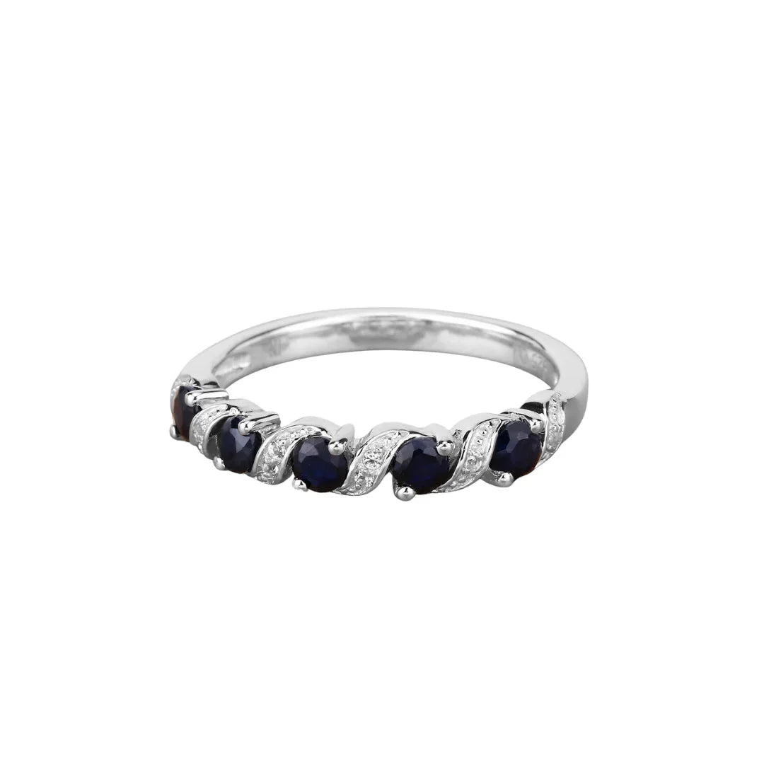 0.64 Ct Round Blue Sapphire and White Topaz Prong Silver Five Stone Ring