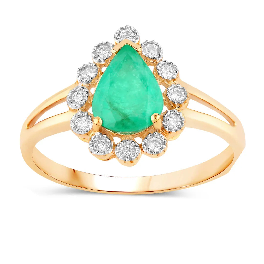 1.10 Ct Pear Green Zambian Emerald Diamond V-Prong 10k Gold Halo Statement Ring