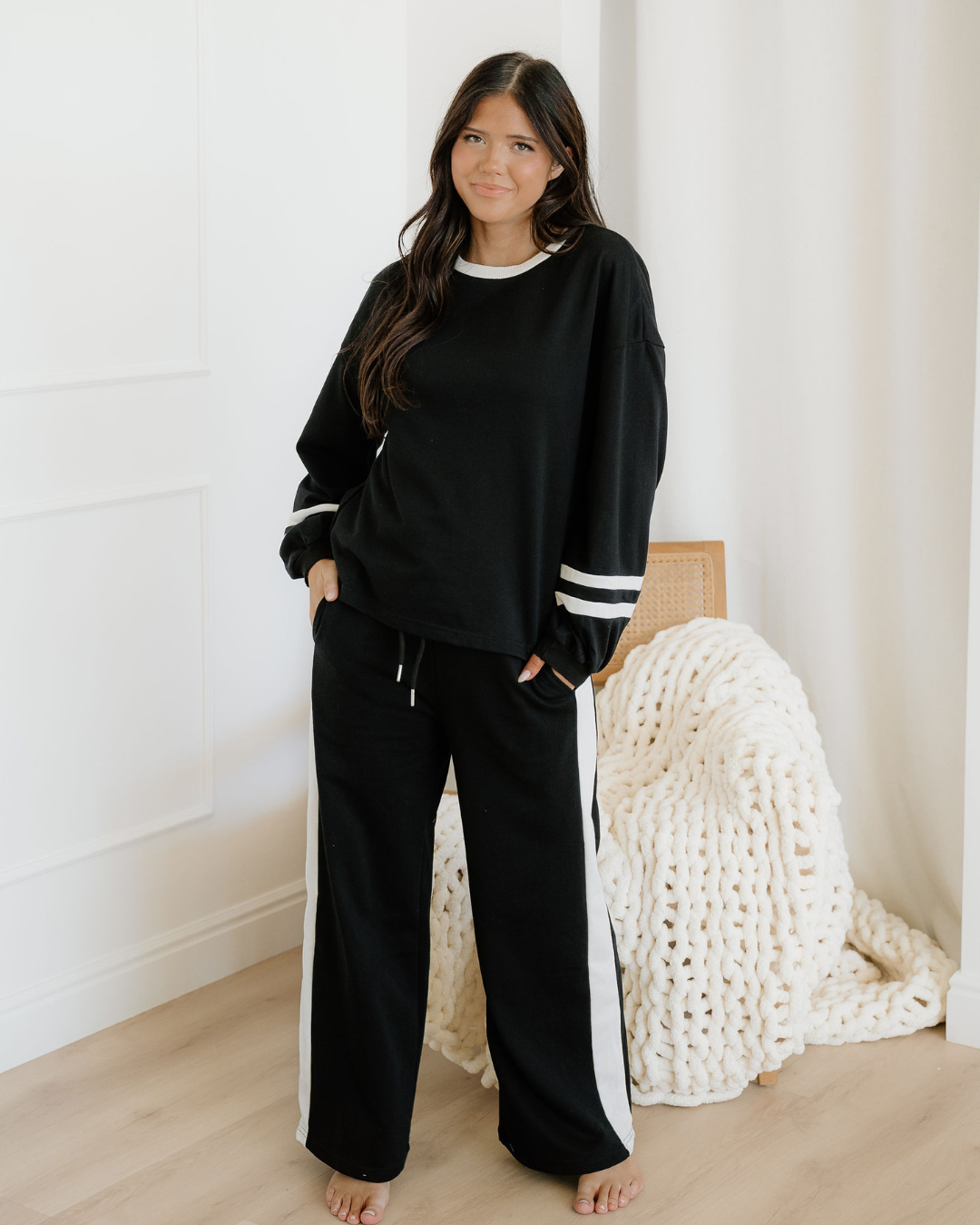 Jordyn Varsity Stripe  Drawstring Wide Leg Pant Set - Black
