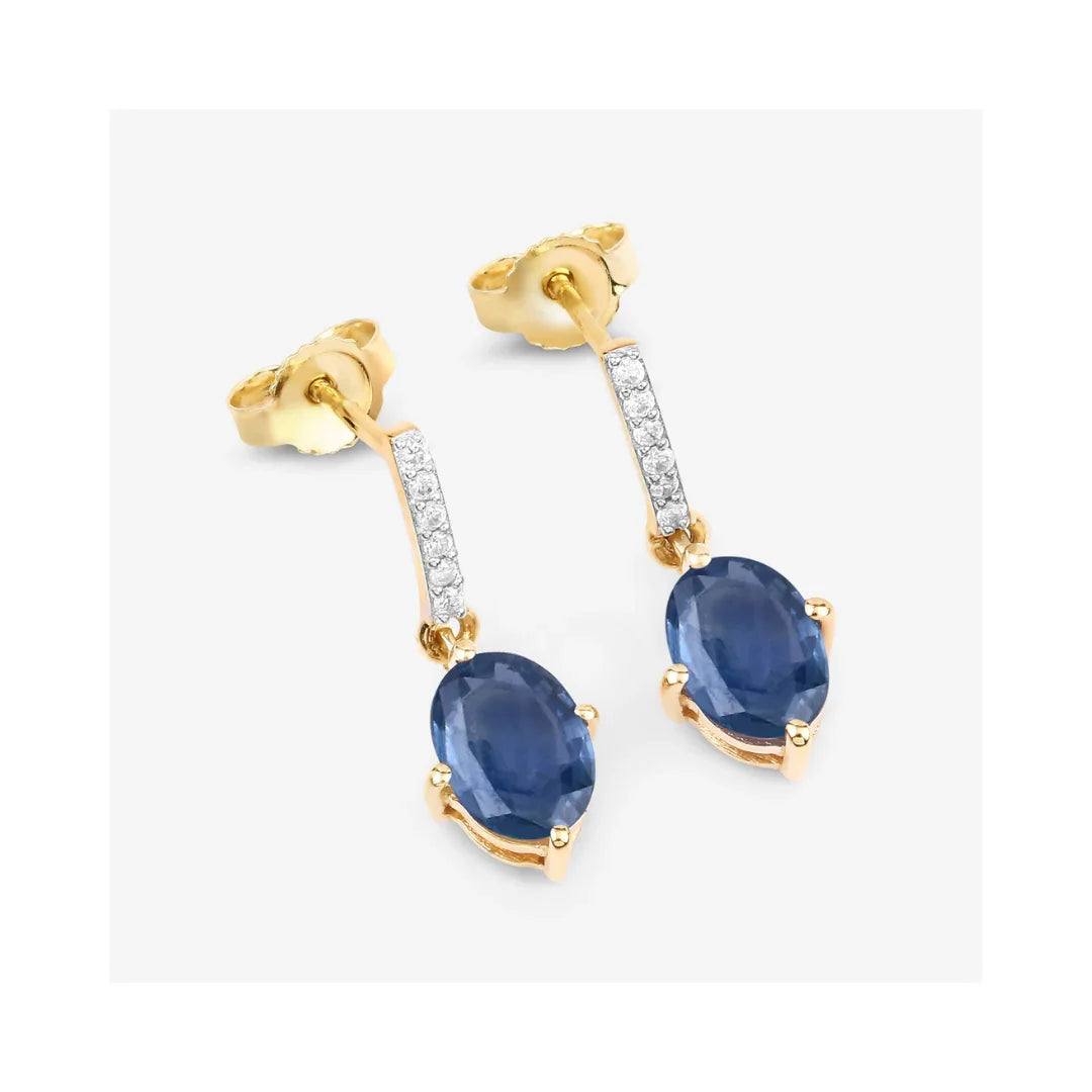 1.90 Ct Oval Blue Sapphire & Diamond Prong 10K Gold Dangle Earrings