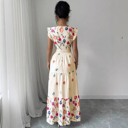 Women’s Puff Sleeve Floral Print Waist-Cinching Dress