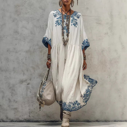 Women's Printed Batwing Sleeve Midi Dress – Loose Fit Linen Blend White / 5XL