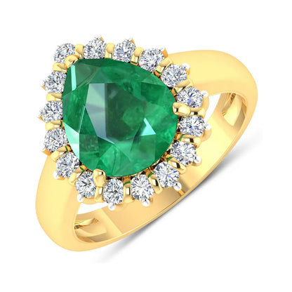 3.33 Ct Pear Green Zambian Emerald and White Diamond Prong 14k Gold Halo Statement Ring