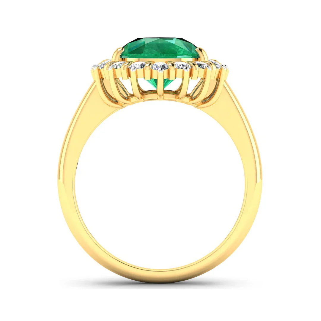 3.33 Ct Pear Green Zambian Emerald and White Diamond Prong 14k Gold Halo Statement Ring
