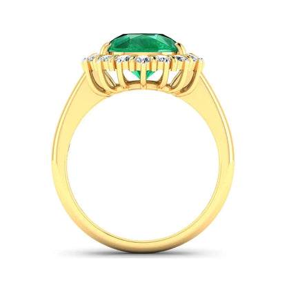 3.33 Ct Pear Green Zambian Emerald and White Diamond Prong 14k Gold Halo Statement Ring