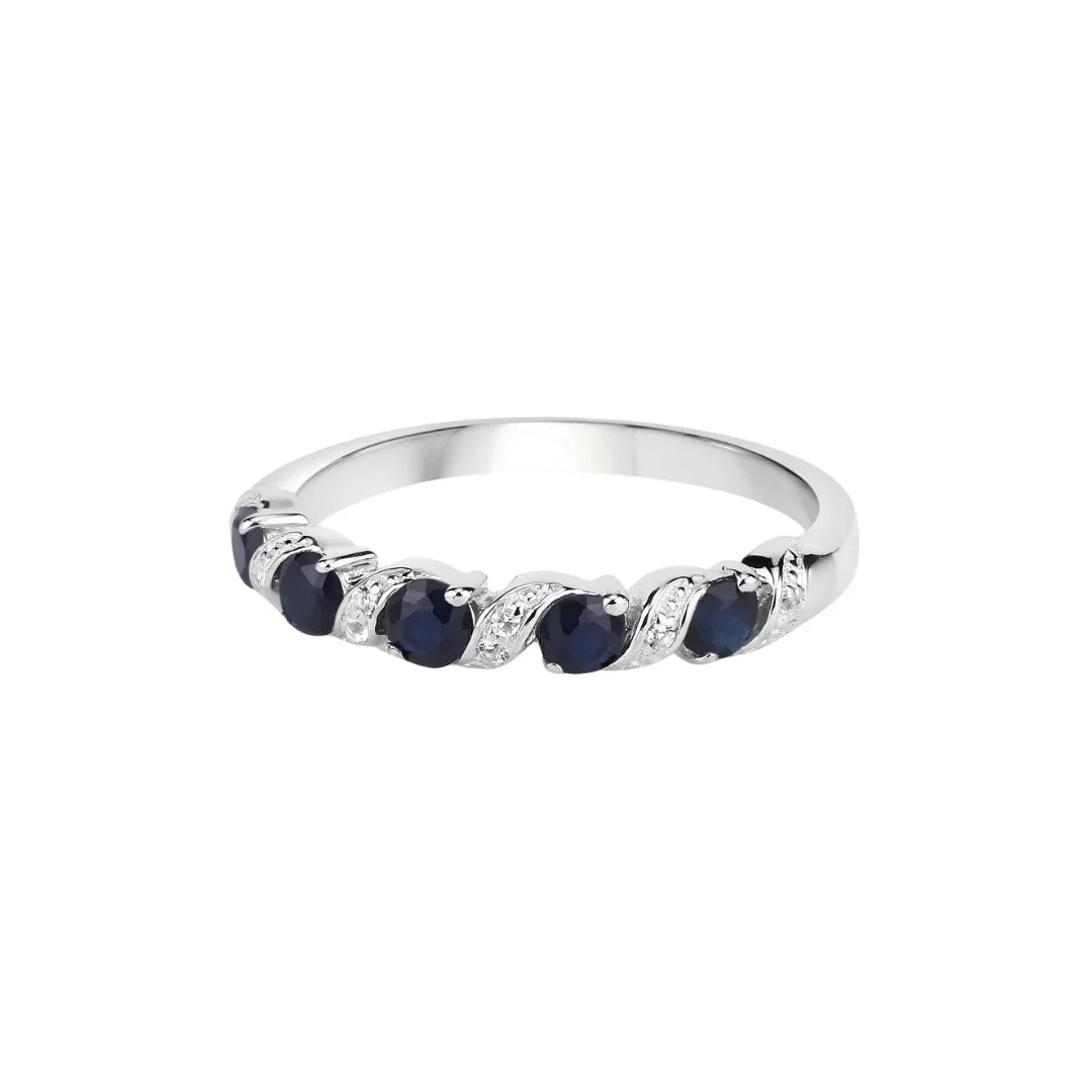 0.64 Ct Round Blue Sapphire and White Topaz Prong Silver Five Stone Ring