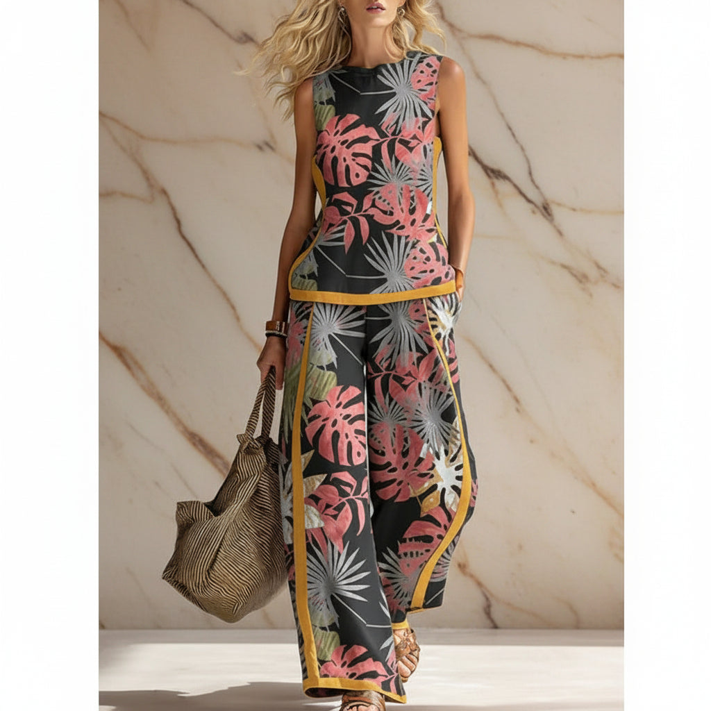 Printed Retro Sleeveless Top & Wide-Leg Pants Set | 12 Prints S–5XL