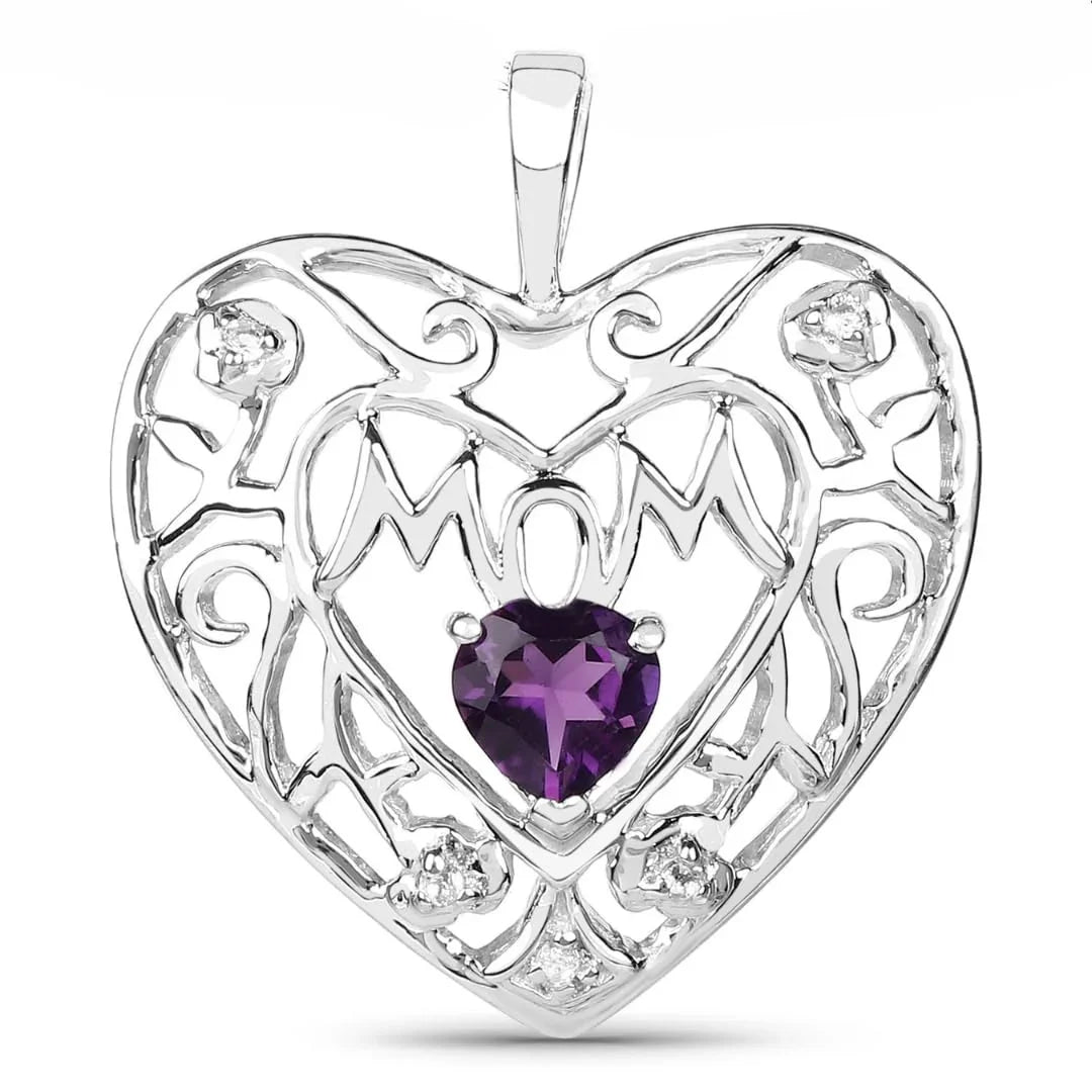 Heart Purple Amethyst Prong Silver Mom Charm Necklace